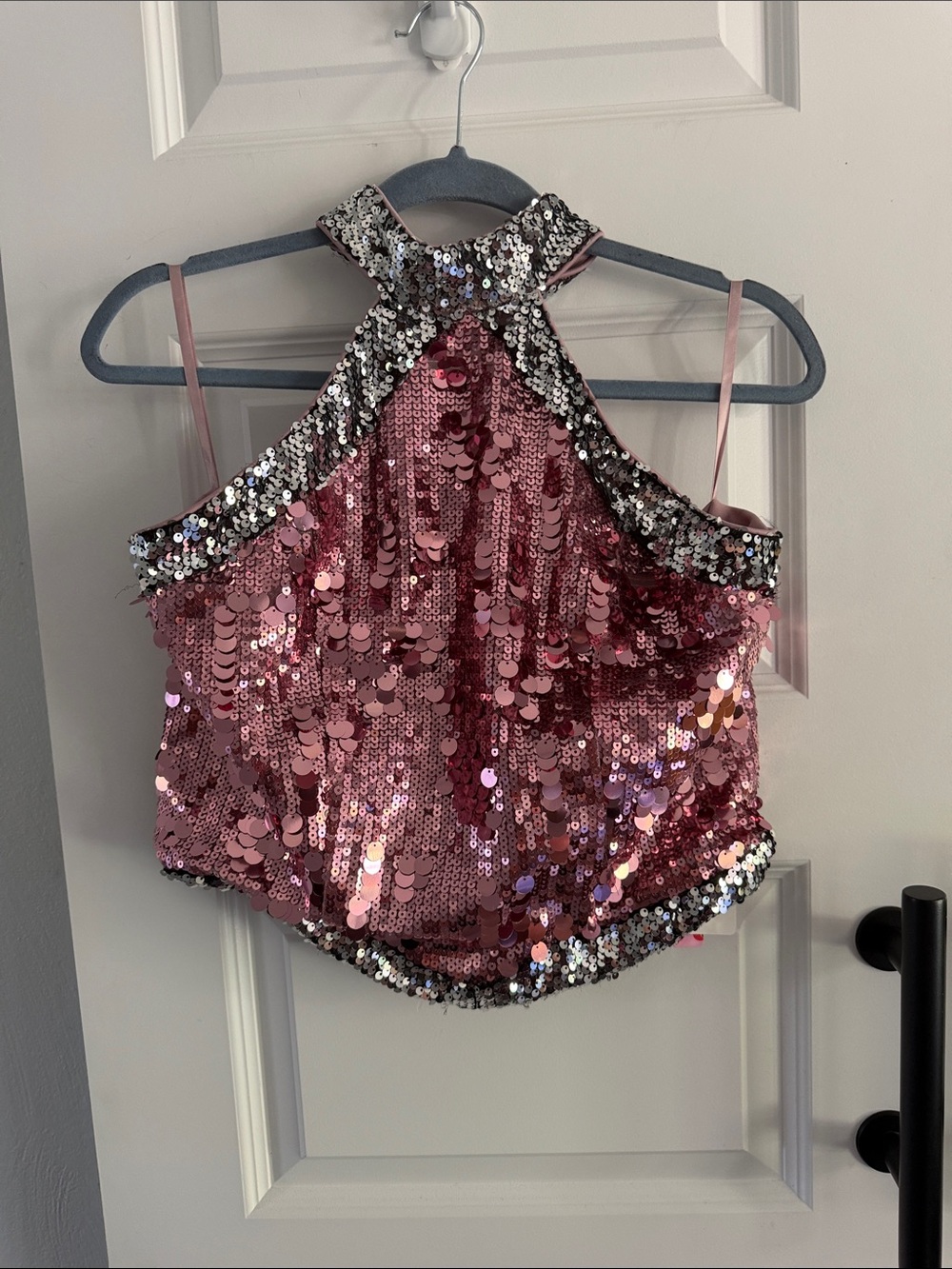 Pink Sequin Halter Crop Top